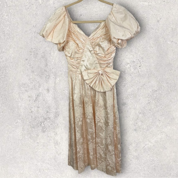 Vintage Algo-Ettes Made in Canada Puff Sleeve Pink Floral Satin Maxi Dress Small - Picture 3 of 11